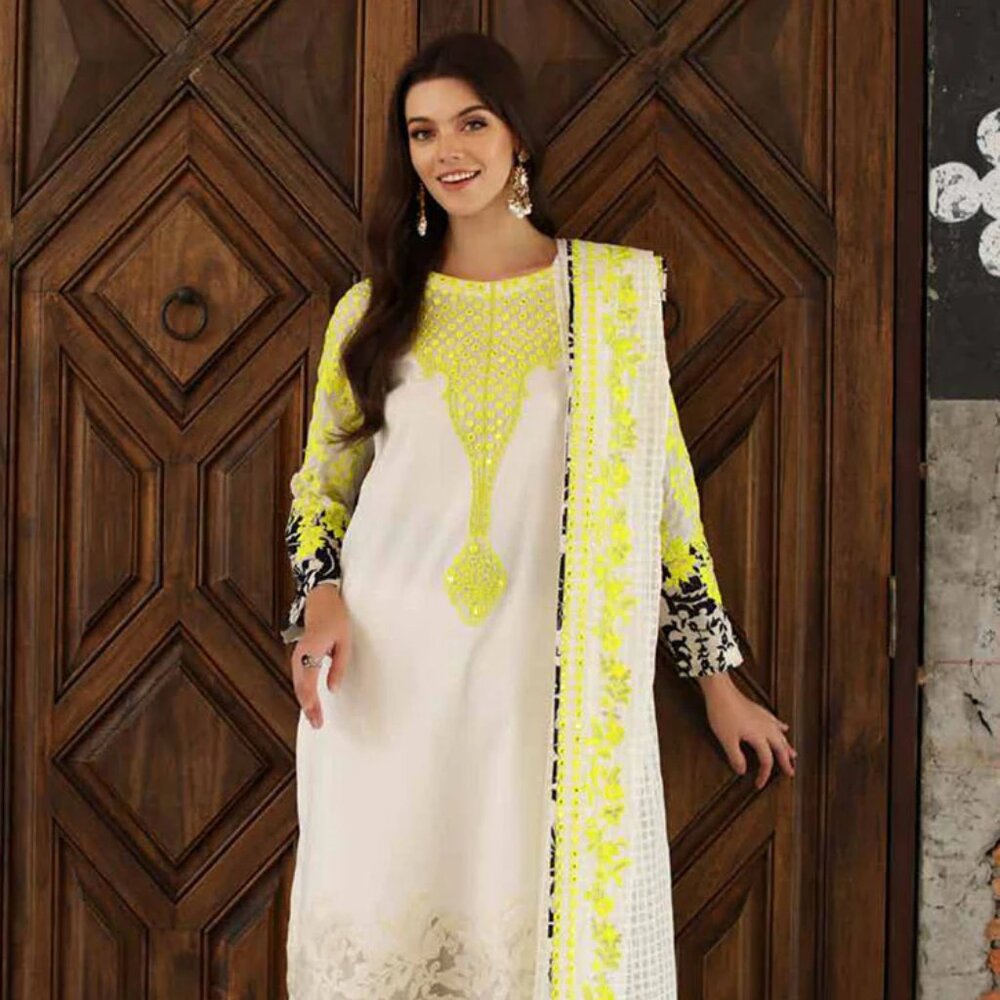 Charizma - 3-piece Embroidered Lawn in white, black, yellow
